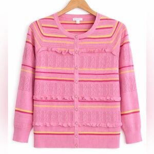 Ruffle Striped Pink and Yellow Cardigan Large Charter Club